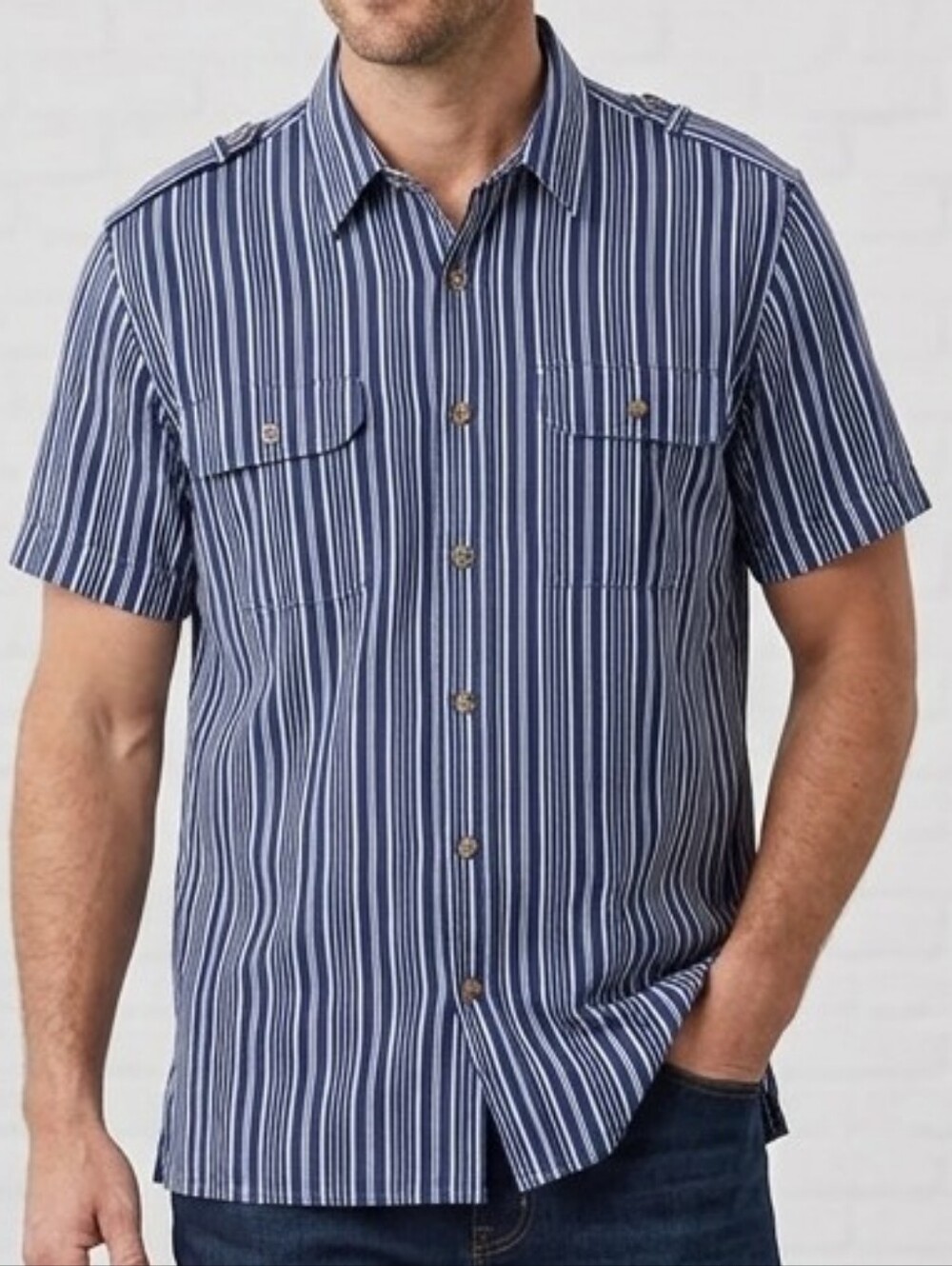 Blue White Stripe Short Sleeve Button-Down Shirt with Epaulets Men XL John Blair